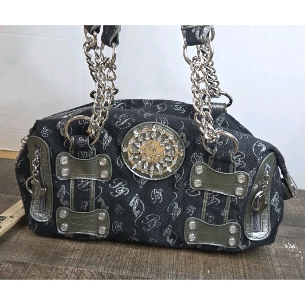 Vtg BabyPhat Y2K Black Shoulder Purse Medallion Metallic Chains Charm 129-050273